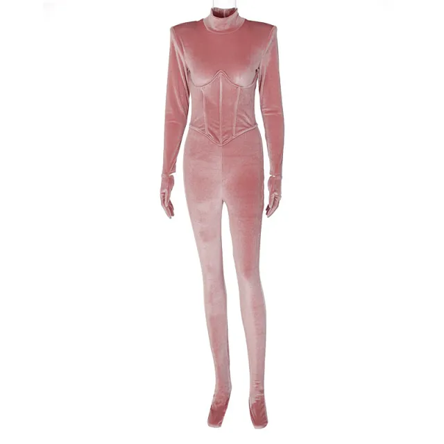 Fashion Turtleneck Long Sleeve Finger Wrap One Piece Ladies Velvet Jumpsuit Pink - Shop at LoveMi