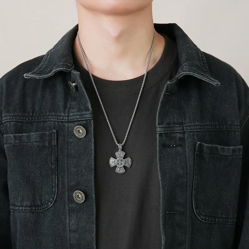 Stainless Steel Viking Cross Pendant Steel Color