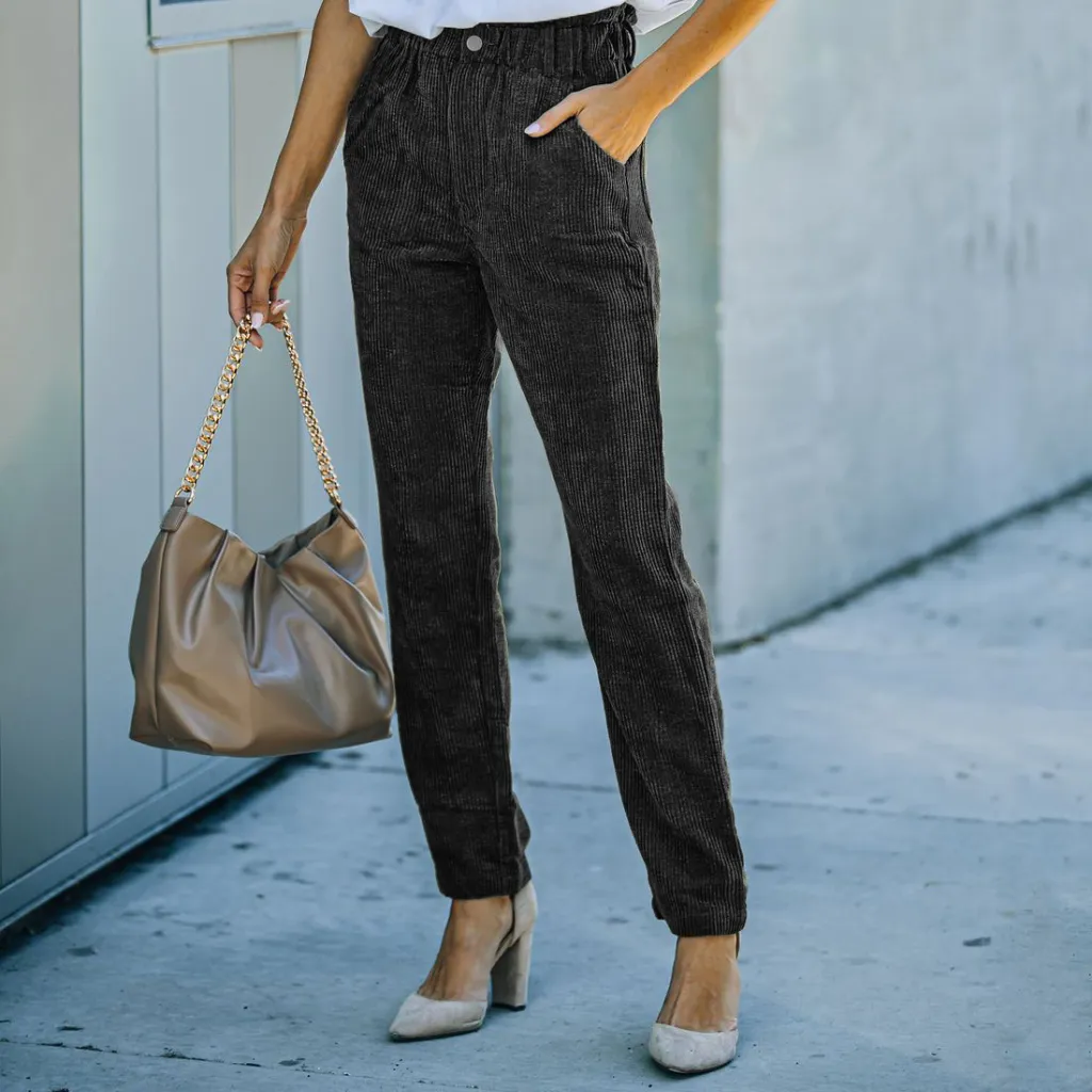 Women's Solid Color Corduroy Casual Pants - Black
