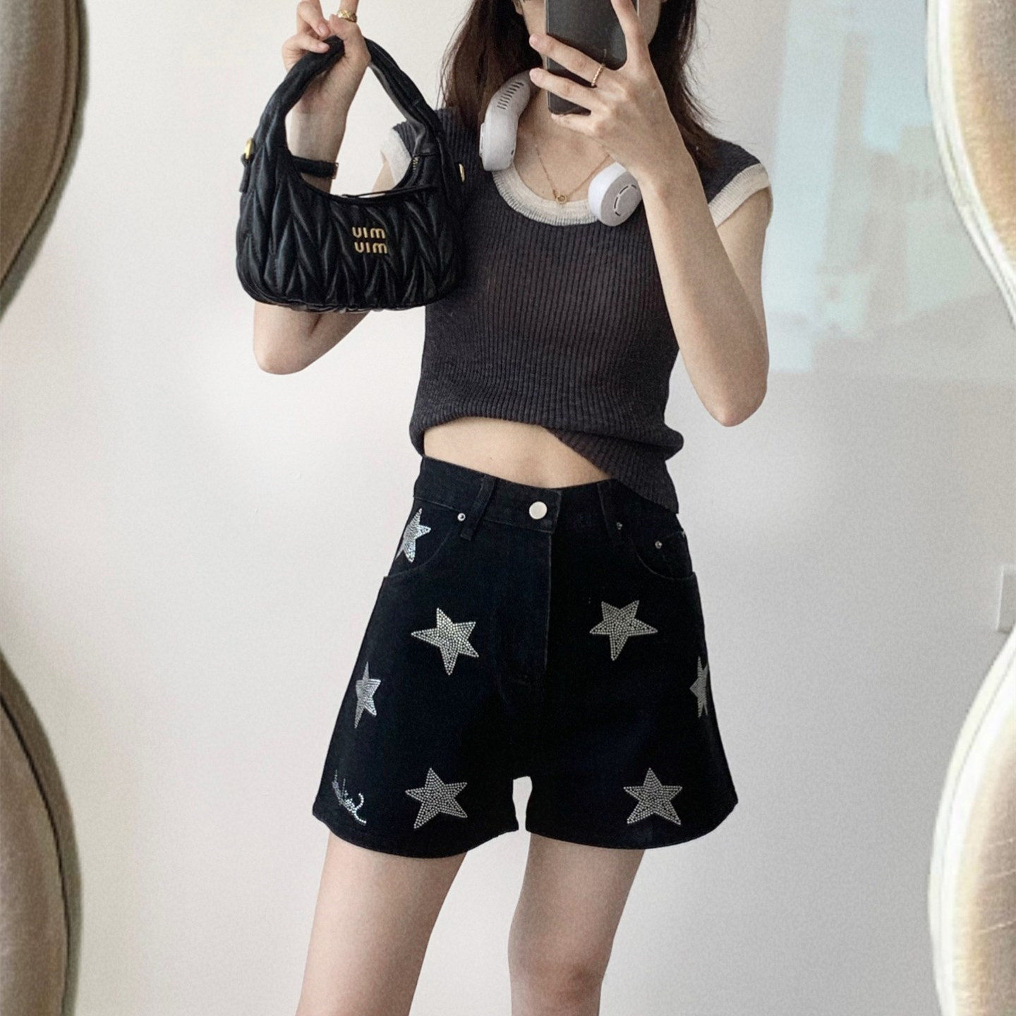 Light Luxury Silver Black Rhinestone Shorts For Women Silver - Shop at LoveMi