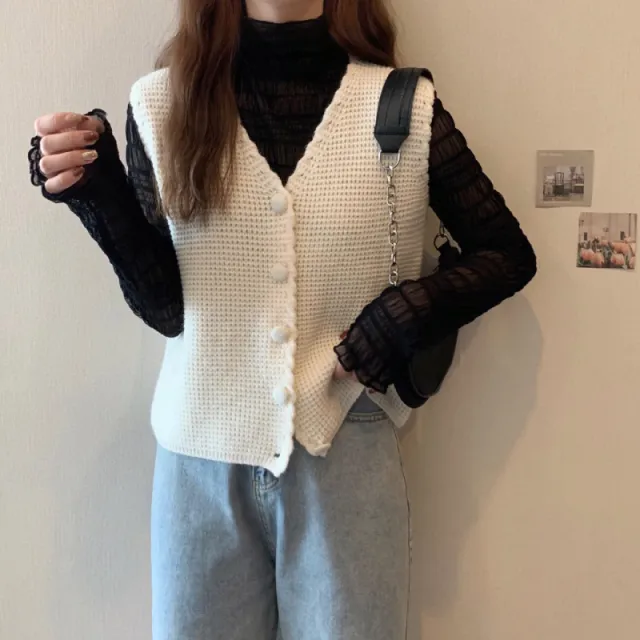 V Neck Knitted Cardigan Sweater Vest Beige - Shop at LoveMi