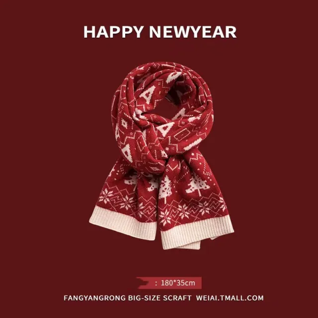 Red New Year Scarf Women's Winter Christmas Knitting Wool Digital A Pine Tree - Shop at LoveMi