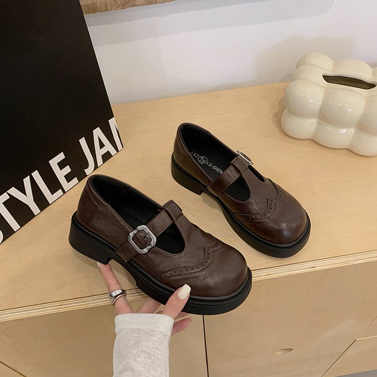Women's Carved Platform Mary Janes, Retro Leather Shoes Versatile College Style Slip-on Shoes