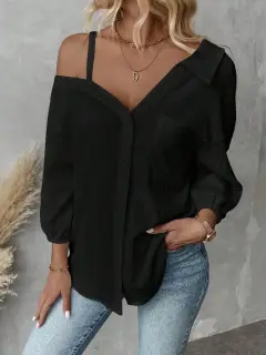 Fall Solid Colour White Asymmetric Collar Dropped Shoulder Loose Casual Blouse Spring And Summer New Fashion Street Style Casual Asymmetrical Should... - View 1