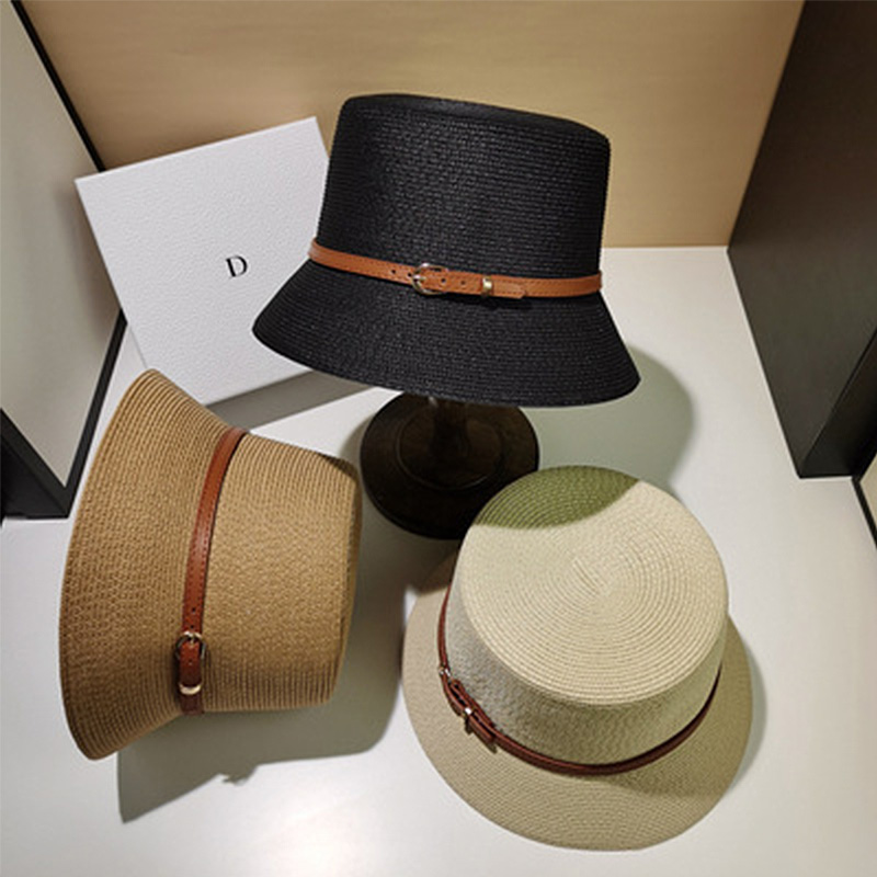 Straw Breathable Flat Top Hat With Belt Buckle