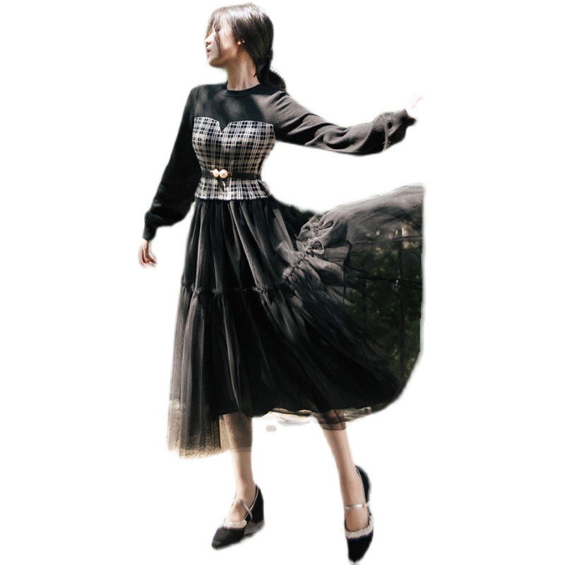 Plaid Collision Mesh Stitching Dress Temperament