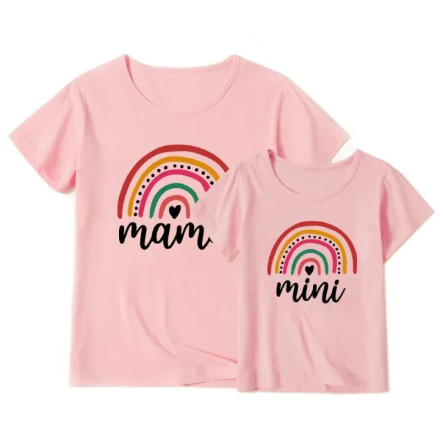 Rainbow Print T shirt Mother And Daughter Mom Cotton Short Sleeve Top Summer INS Family Wear Pink - Shop at LoveMi