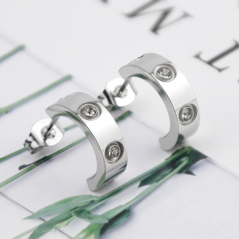 Stainless Steel C-shaped 4 Diamond  Electroplated Golden Rose Gold Woman Earrings