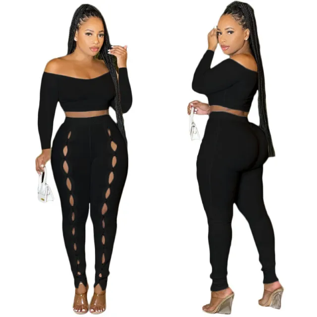 Solid Color One Line Shoulder Wispy Empty Crop Two piece Set Black - Shop at LoveMi