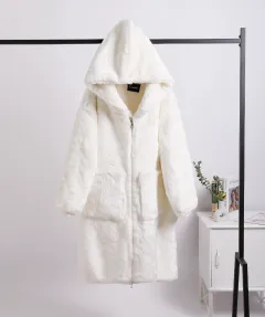 Rex Rabbit Fur Thickened Long Hooded Fur Coat Women - Milky - View 1