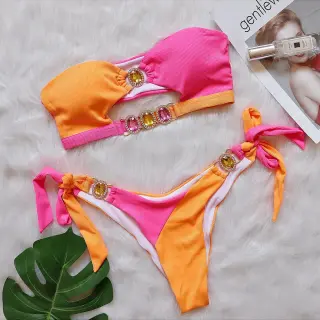 Sexy Crystal Diamond Bikini Detachable Chest Pad Splicing Chest Strap Split Swimsuit - Orange
