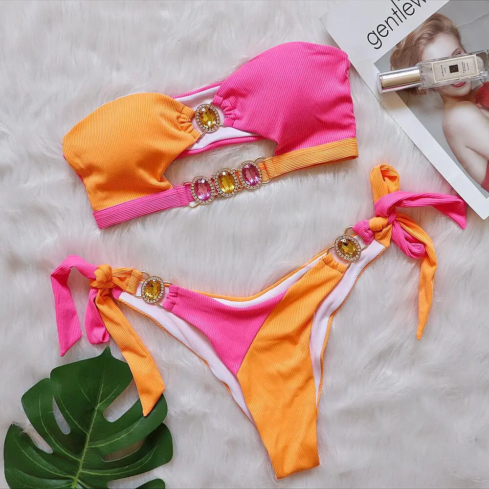 Sexy Crystal Diamond Bikini Detachable Chest Pad Splicing Chest Strap Split Swimsuit - Orange
