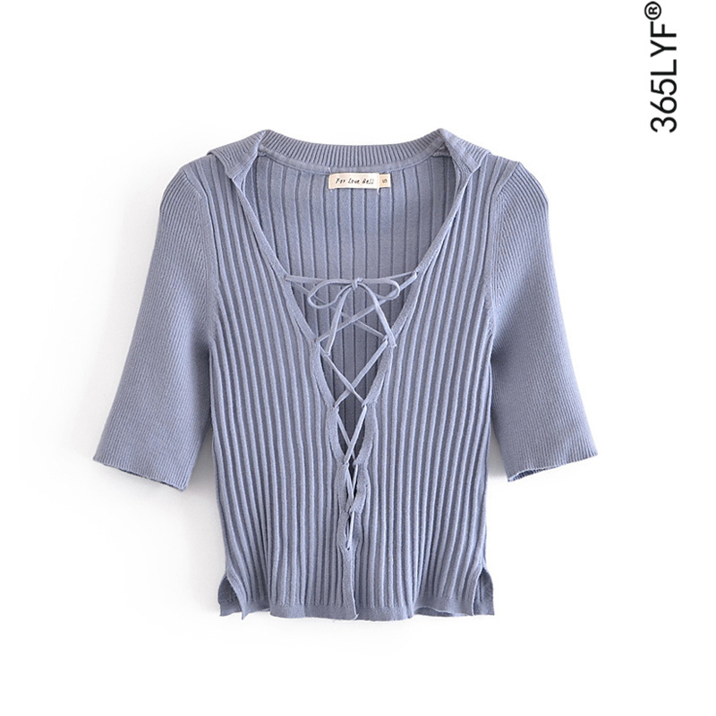 Lapel Slim Cross Drawstring Strap Pure Color All-match Half Sleeve Knit Top Dark Purple Cardigan