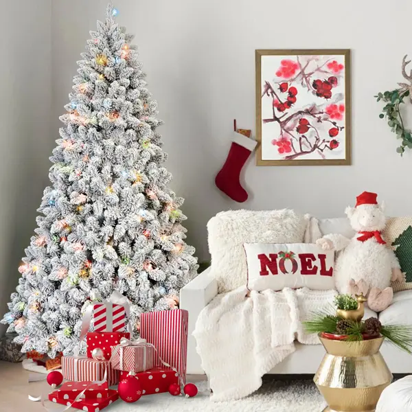 Artificial 4ft Flocked Christmas Tree With 366 PVC Branch Tips, Pine Conex21pcs, 150L Colorful Led, Memory Wire Iron Wire, Hinged Premium & Foldable Base For In