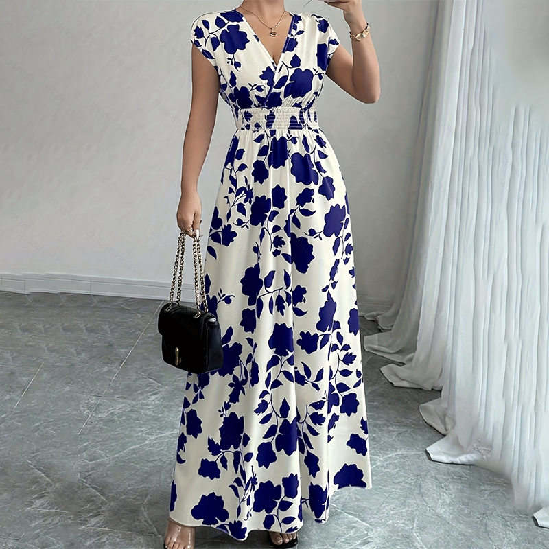 Women's Wrap V Neck Short Sleeve Empire Elastic Waist Summer Casual Elegant Maxi - Picture 8 of 10