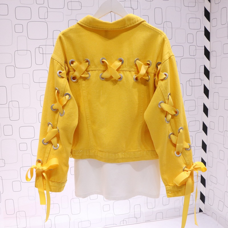 New Korean Style Cross-tie Wide Loose Yellow Denim Jacket