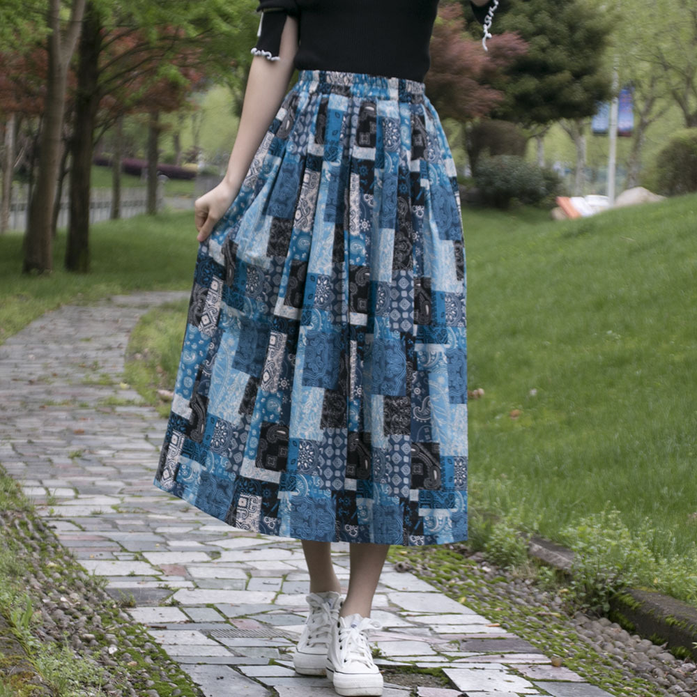 Women's New Ethnic Print Cotton Linen Skirt