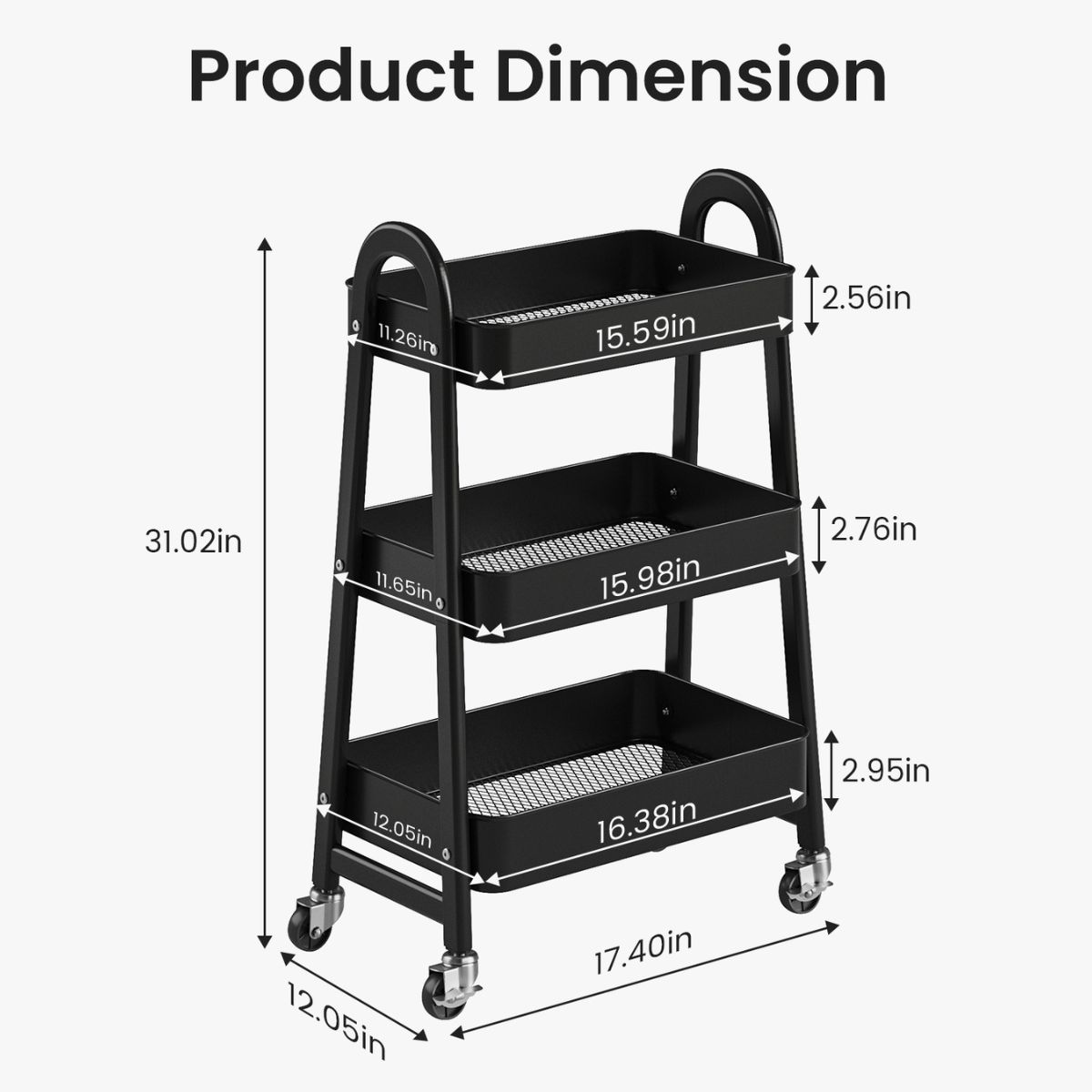 3-Tier Rolling Cart, Metal Utility Storage Cart, Lockable Wheels, For Living Room, Bathroom, Kitchen And Narrow Spaces