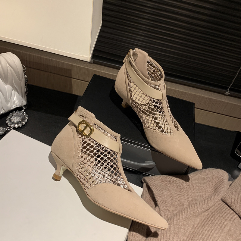 Hollow Low-heeled Net Boots Sheepskin Pointed-toe Stiletto Sandals