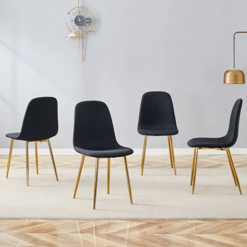Luxury Simple Chair Set Of 4 BLACK Linen Cotton Material High Resilience Dining Chair With Metal Golden Leg.Integral Metal Leg Architecture,Suita... Blackgold - Shop at LoveMi