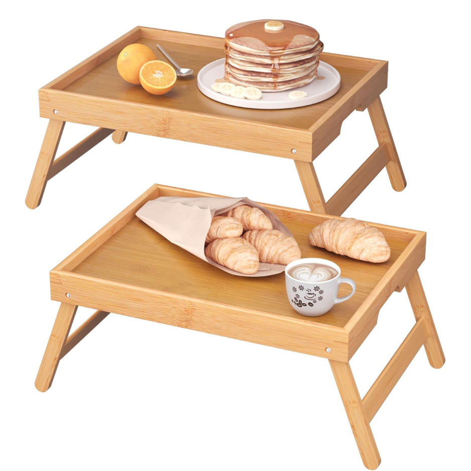 Fibogollo Bamboo Bed Tray Table With Folding Legs,Breakfast Trays,Serving Tray For Food And Snack,Laptop Trays For Working Natural