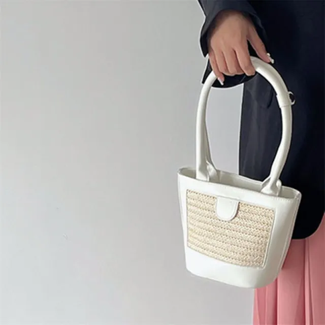 Women's Fashion Straw Leather Contrast Color Shoulder Bag White - Shop at LoveMi