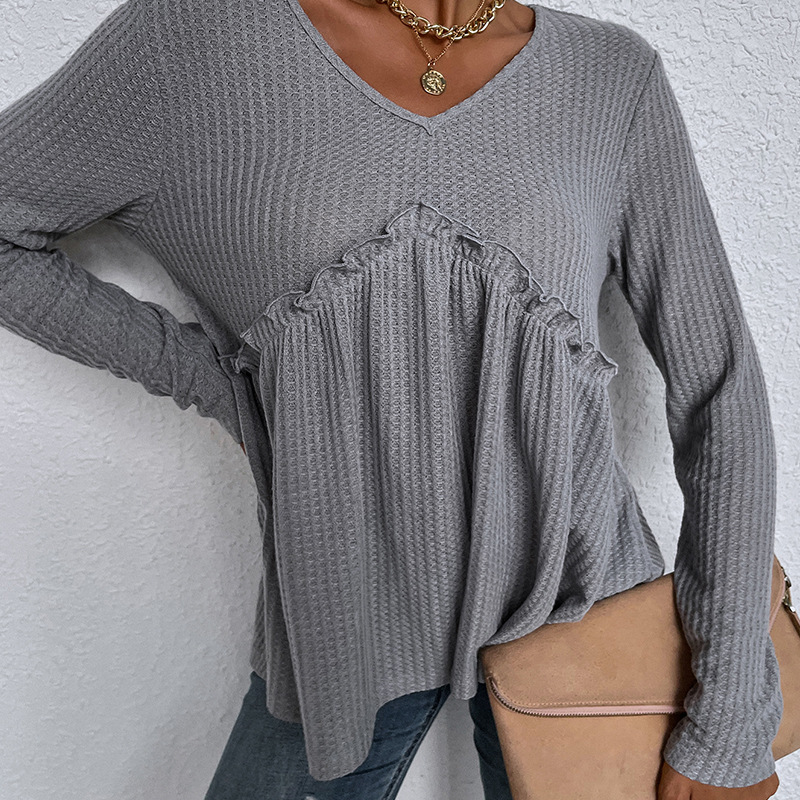 Round Neck Casual Top Irregular Gray Long Sleeve