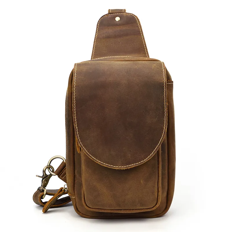 Men's Leather Chest Sports Shoulder Messenger Bag - Brown