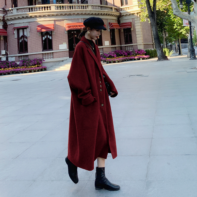 Women's Mid length Cashmere Over the knee Thick Woolen Coat Wine Red - Shop at LoveMi