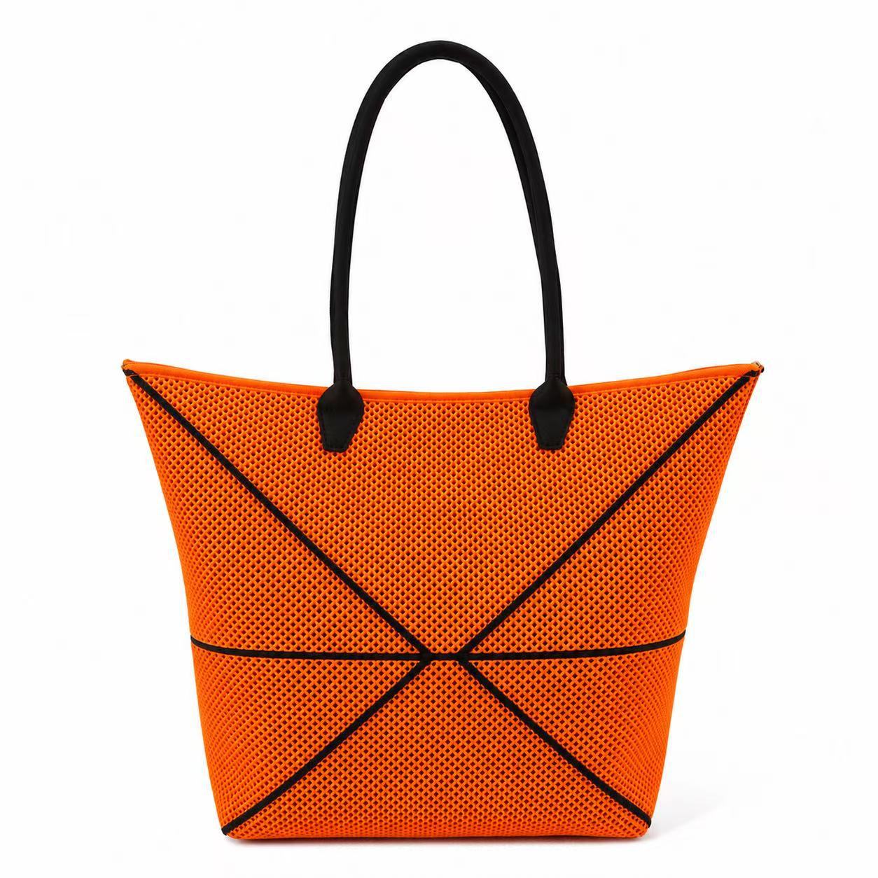 Mesh Knitted Tote Bag For Women, Large Capacity Single Shoulder Folding Bag, Fashionable Versatile Handbag, Commuter Travel Bag - Orange Red Orange — 1