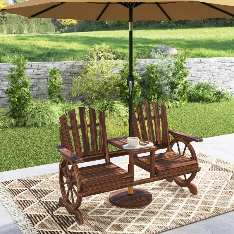 2-Seat Wooden Garden Bench With Table, Umbrella Hole, High Backrest, Armrests For Backyard, Patio, Garden, Carbonized