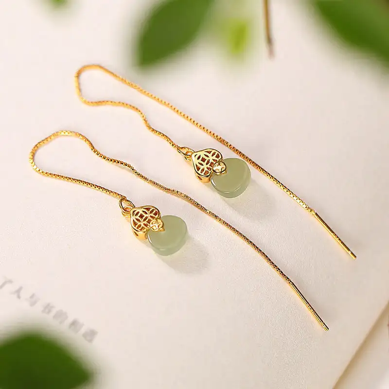 Gourd Plated Gold Embedded With Sapphire Long Earrings