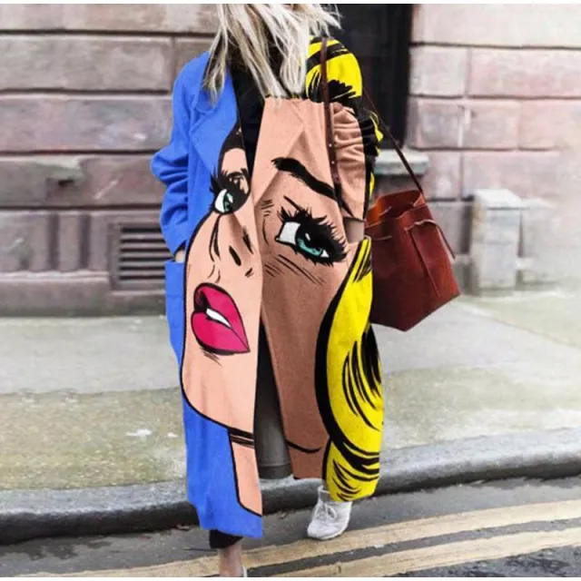 European And American Fashion Style Women's Autumn And Winter Print Long Coat With Long Sleeves Blue Face - Shop at LoveMi