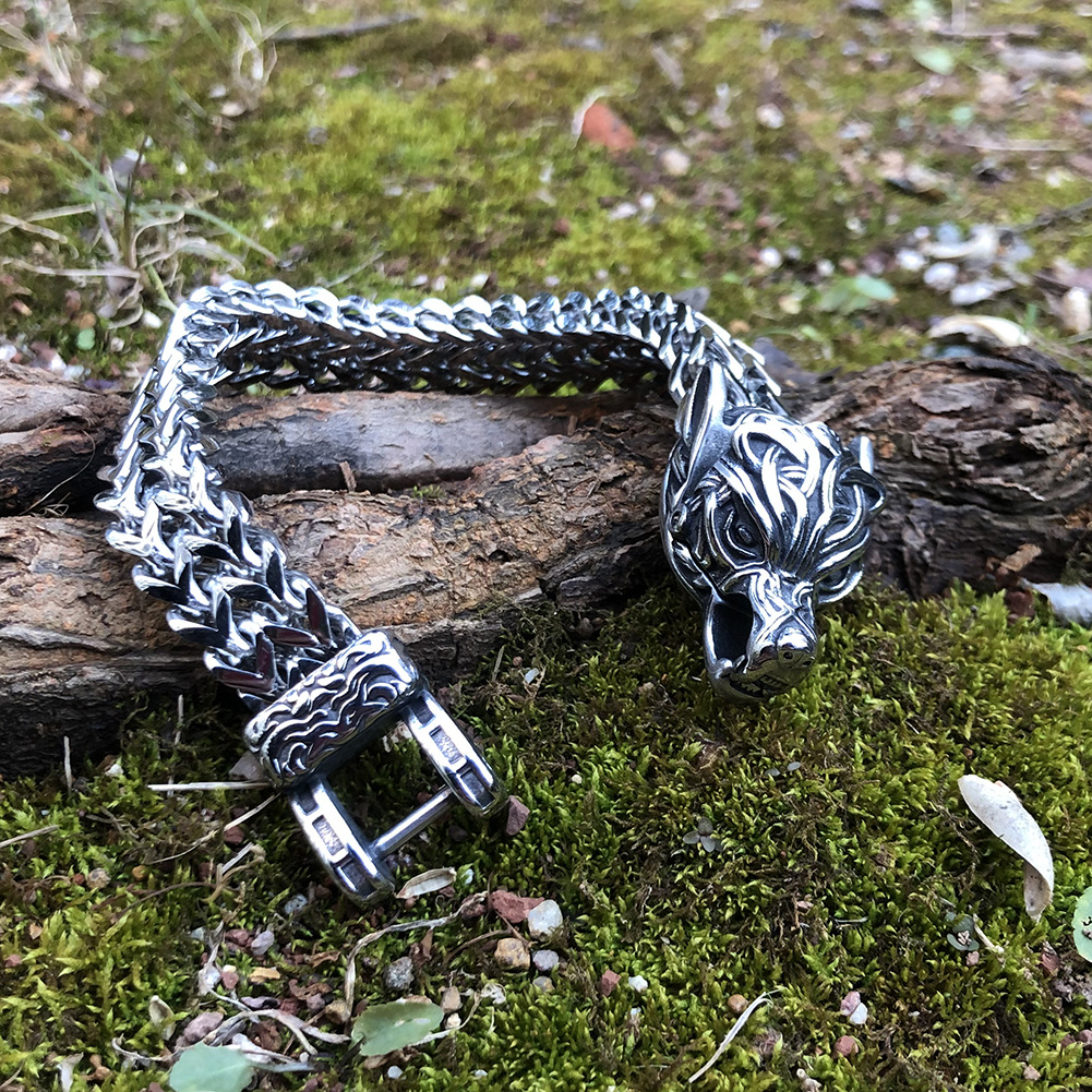 Men's Jewelry Vintage Viking Wolf Head Titanium Steel Bracelet