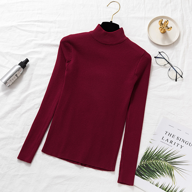 Slim Fit Half high Collar Long Sleeves Bottoming Shirt Pure Color All matching Sweater Wine Red - Shop at LoveMi