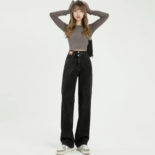 Retro Women's New Straight High Waist Wide Leg Jeans Black Grey Regular - Shop at LoveMi