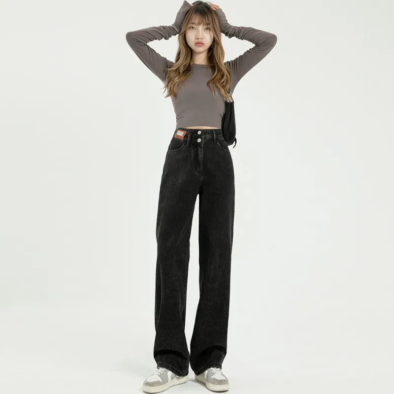 Retro Women's New Straight High Waist Wide Leg Jeans - Black Grey Regular