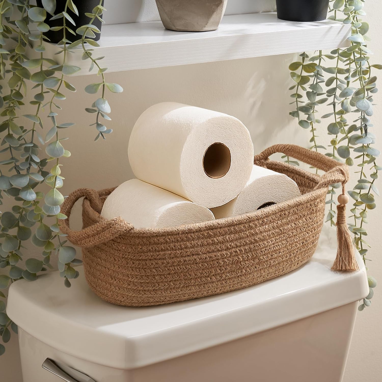 Decorative Toilet Paper Basket, Boho Jute And Cotton Rope Storage Bin With Tassel For Bathroom And Home