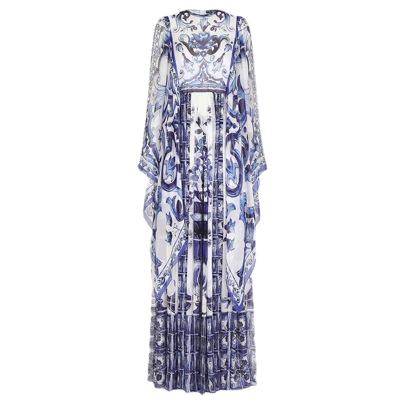 Blue And White Floral Printed Flowing Fairy Dress With Large Swing