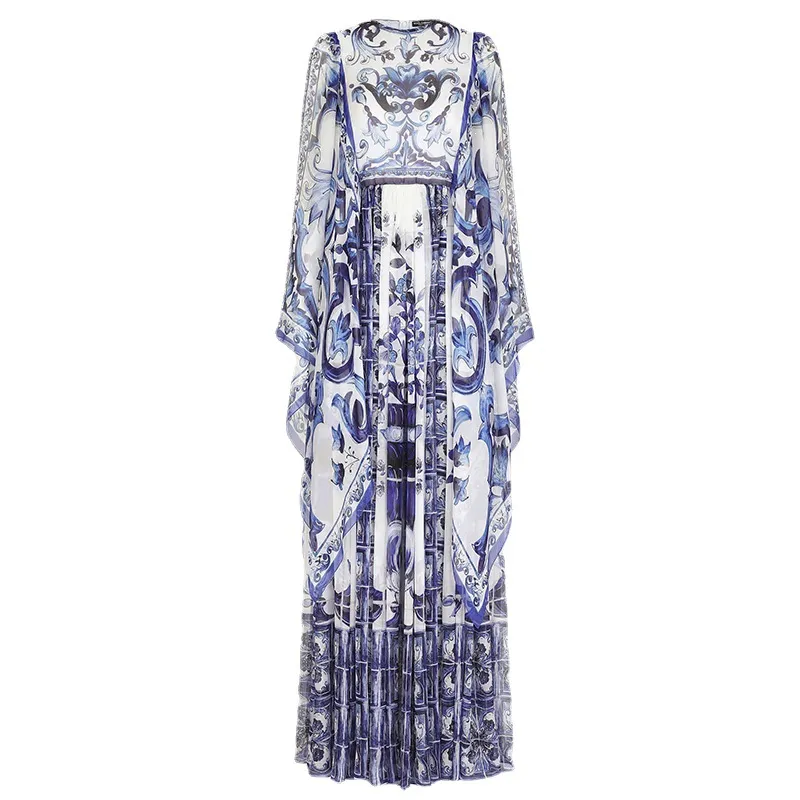 Blue And White Floral Printed Flowing Fairy Dress With Large Swing - Blue
