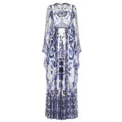 Blue And White Floral Printed Flowing Fairy Dress With Large Swing - Blue - View 1