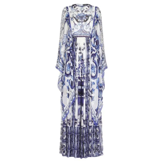 Blue And White Floral Printed Flowing Fairy Dress With Large Swing Blue - Shop at LoveMi