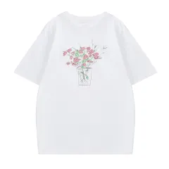 Women's Loose Rose Print Trendy Short Sleeve T-shirt - White - View 1