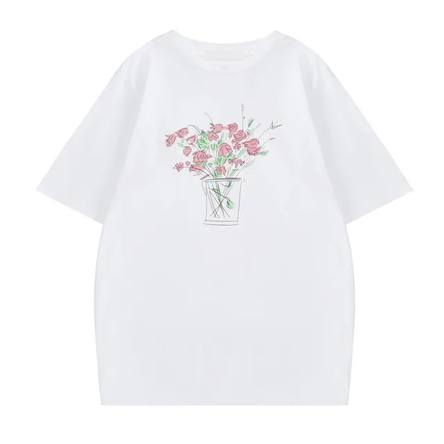 Women's Loose Rose Print Trendy Short Sleeve T shirt White - Shop at LoveMi