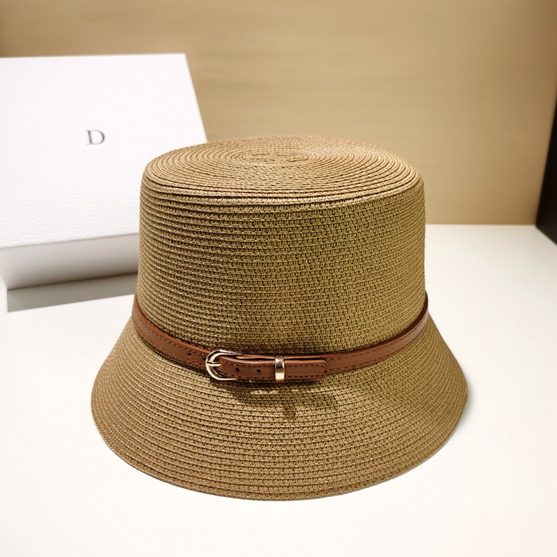 Straw Breathable Flat Top Hat With Belt Buckle Khaki - Shop at LoveMi