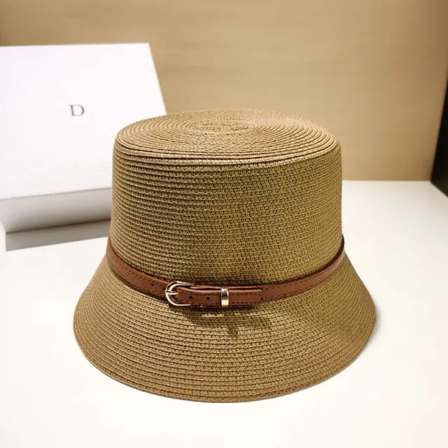 Straw Breathable Flat Top Hat With Belt Buckle Khaki - Shop at LoveMi