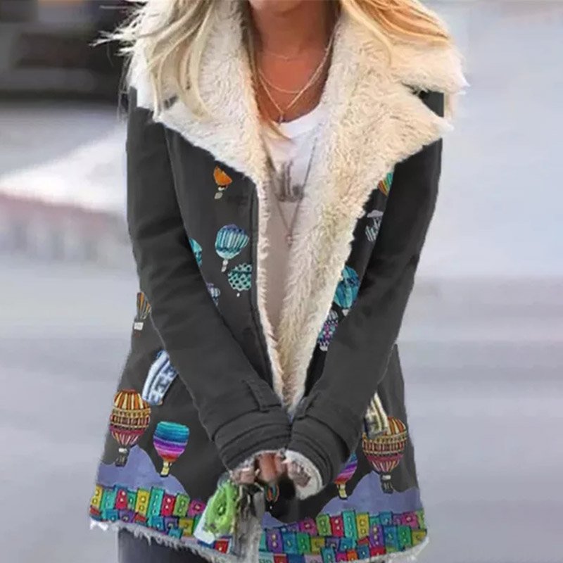 Lapels Printed Single-breasted Long-sleeve Fleece Coat