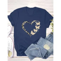 Women Cute Heart Graphic Shirt Summer Butterfly T-Shirt Short Sleeve Top Tees - Sea Blue - View 1