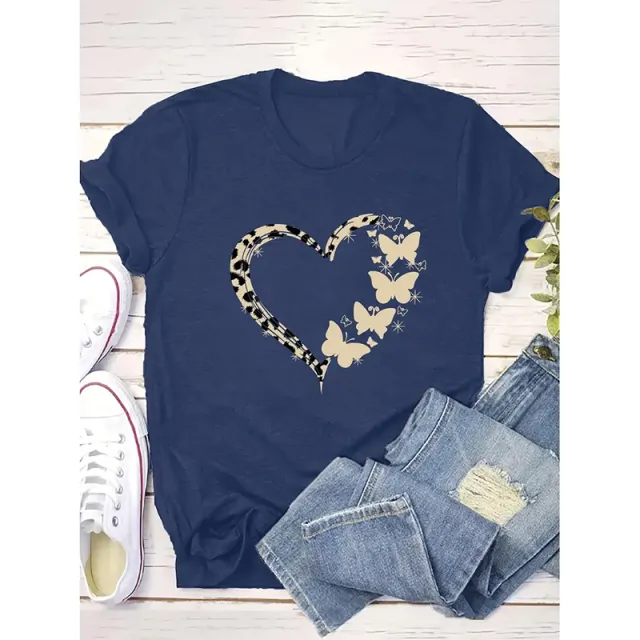Women Cute Heart Graphic Shirt Summer Butterfly T Shirt Short Sleeve Top Tees Sea Blue - Shop at LoveMi