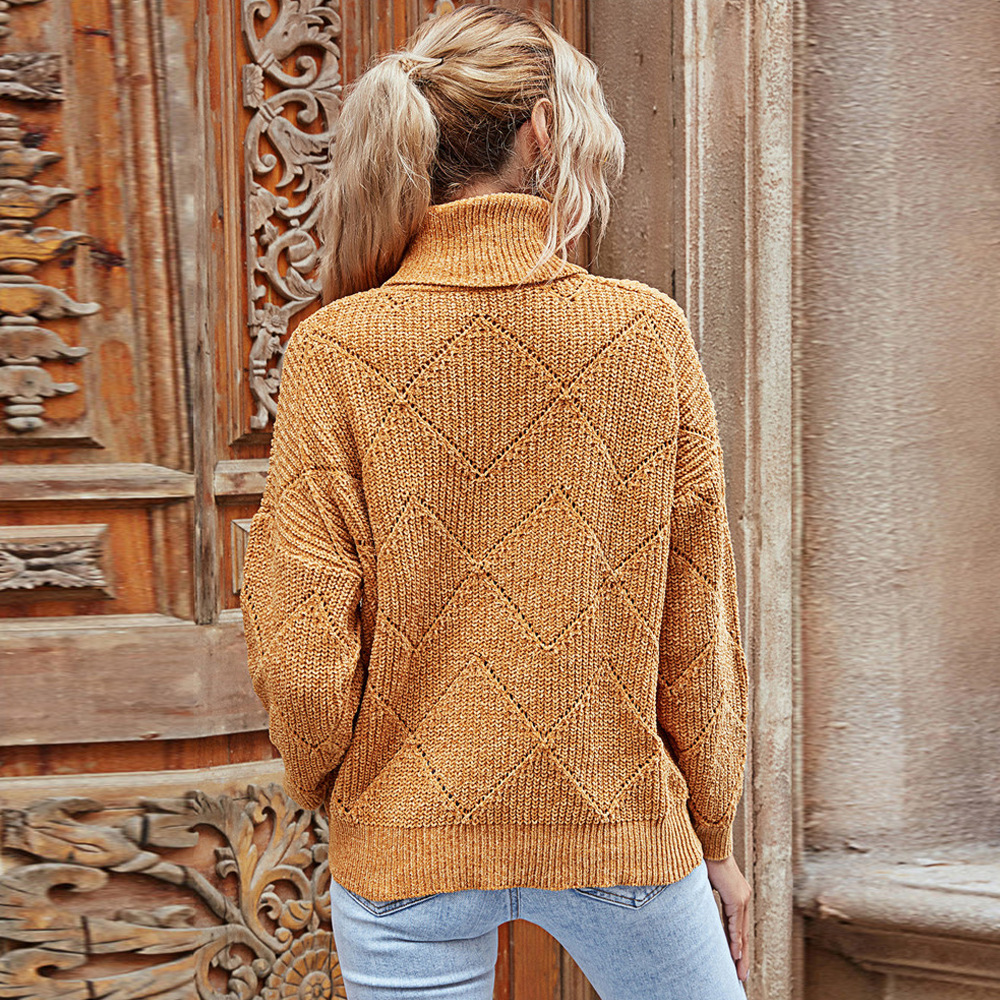 Ladies Fashion Turtleneck Pullover Diamond Sweater